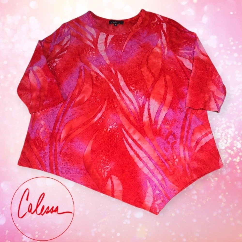 Calessa Womens Abstract Textured Burnout Sharkbite Hem‎ Tunic Top Red Pink 1X